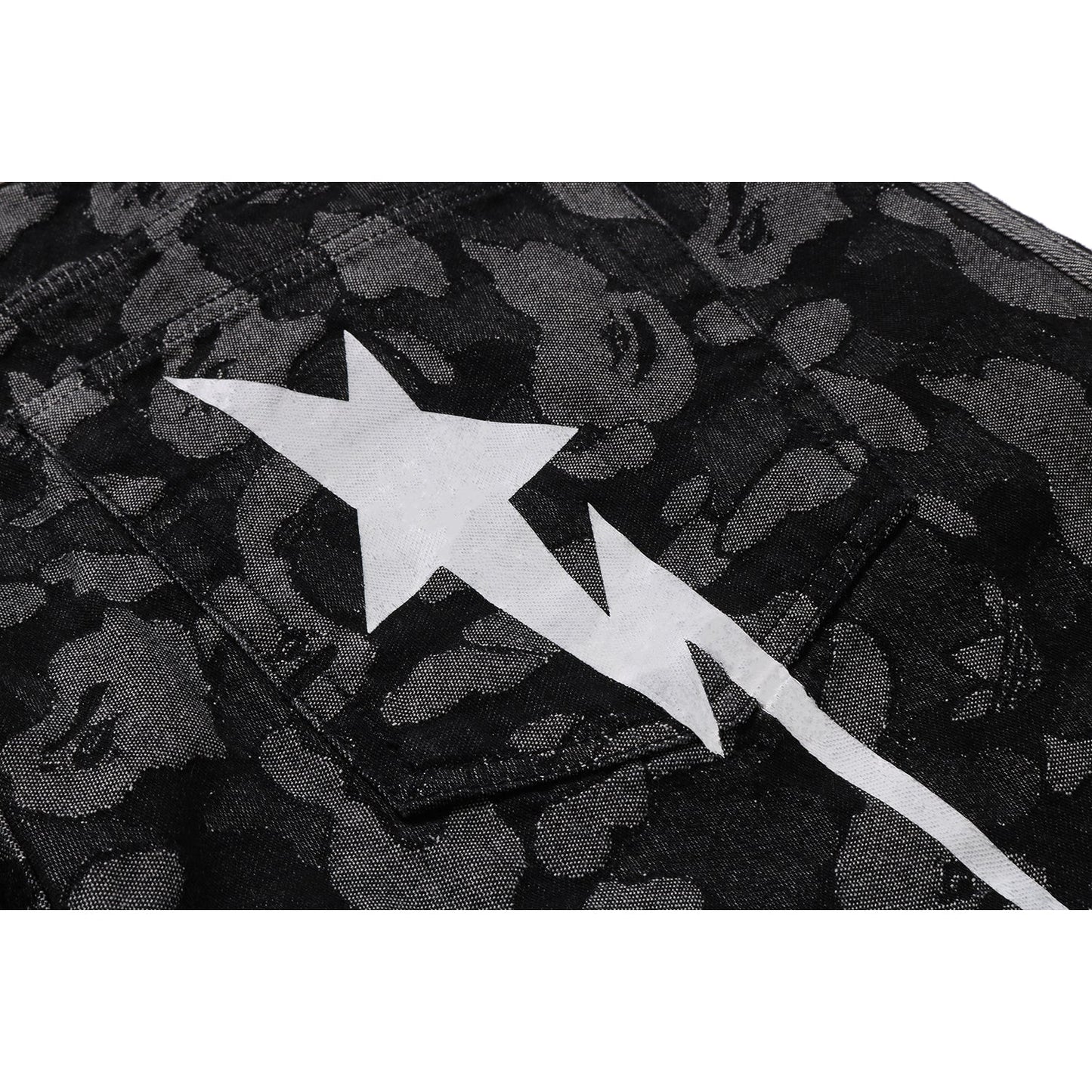 BAPE X ADIDAS CAMO JACQUARD SHARK DENIM JORTS MENS