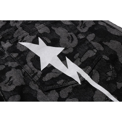 BAPE X ADIDAS CAMO JACQUARD SHARK DENIM JORTS MENS