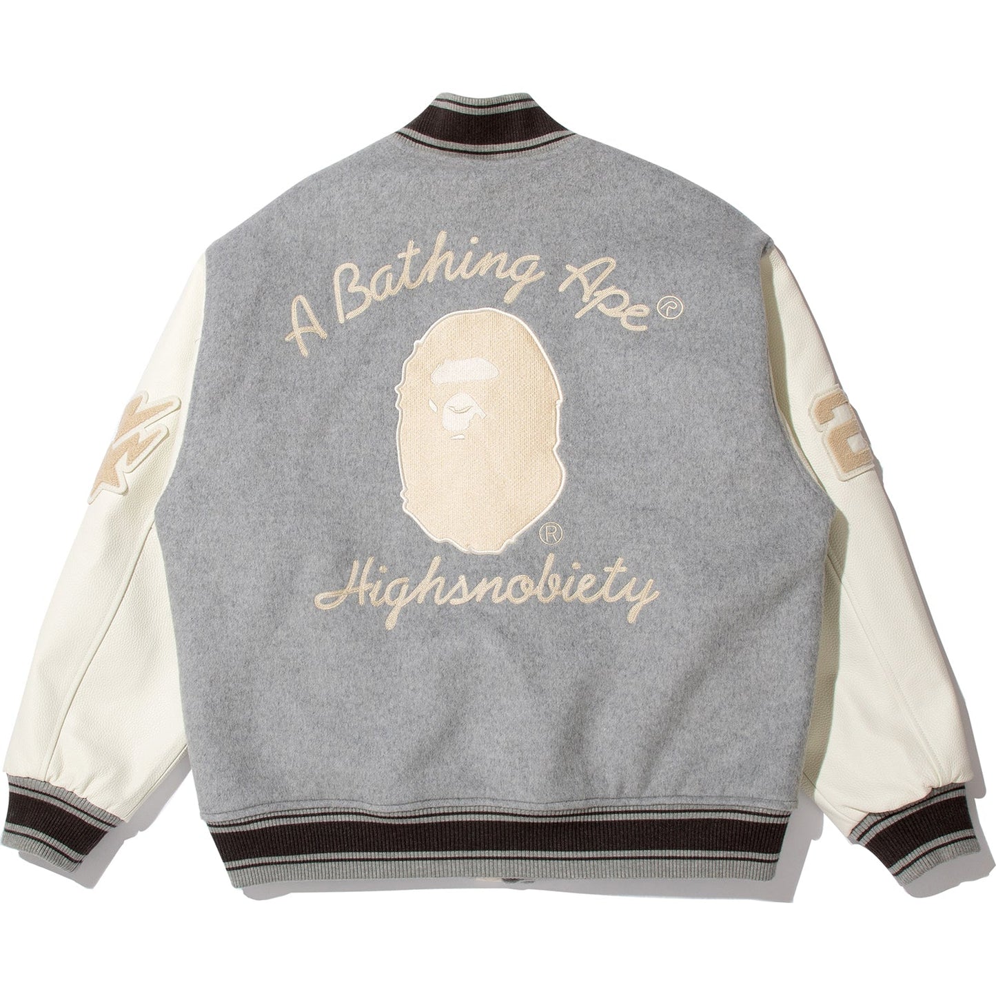 BAPE X HIGHSNOBIETY MULTI LOGO VARSITY JACKET MENS