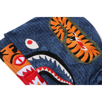 JAPANESE INDIGO ART CAMO DOUBLE TIGER SHARK FULL ZIP HOODIE MENS